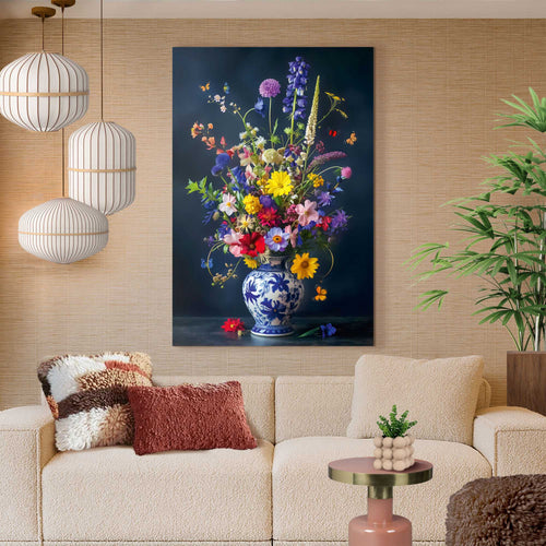 Reinders Delft Blue Field Bouquet glasschilderij -  meerkleurig/multi color - woonkamer - 116x78cm
