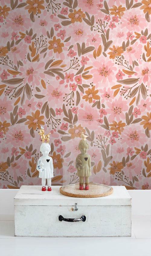 ESTAhome behang bloemen roze, oranje en vergrijsd groen - 50 x 900 cm - 130925 - vtwonen shop