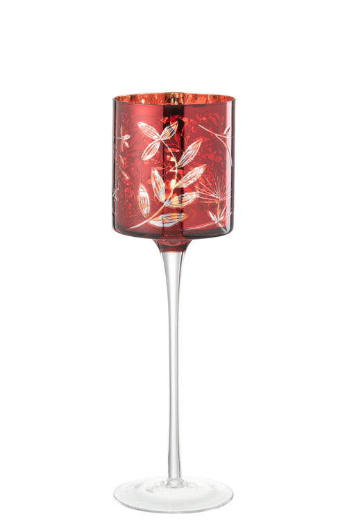 J-Line theelichthouder Op Voet Blaadjes - glas - rood/goud - large