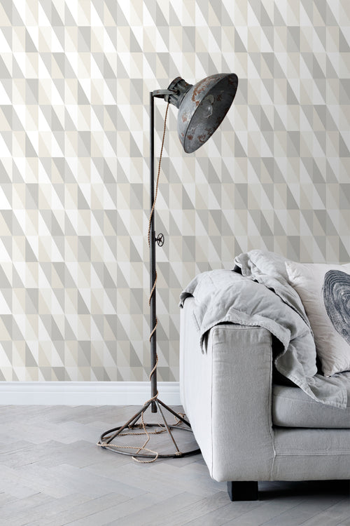ESTAhome behang grafische driehoeken zilver, grijs en beige - 53 cm x 10.05 m - 138922