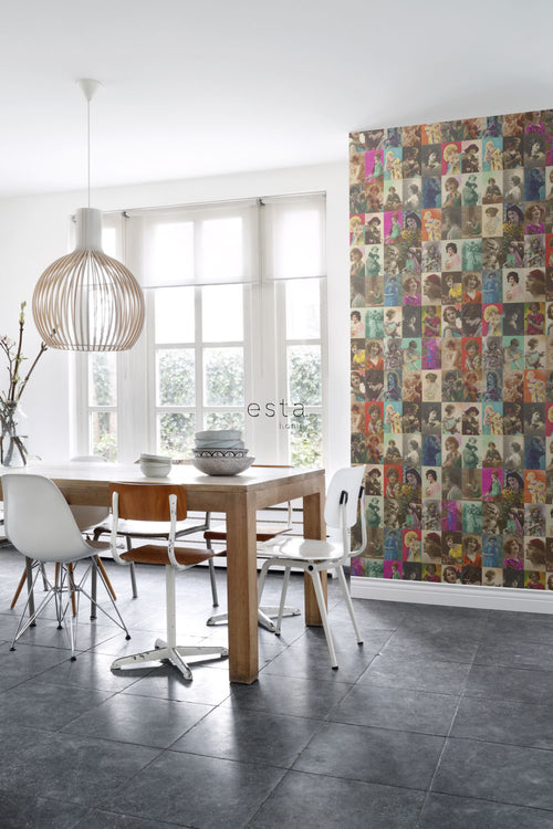 ESTAhome XXL behang vintage ansichtkaarten met vrouwengezichten meerkleurig - 50 x 900 cm - 158102