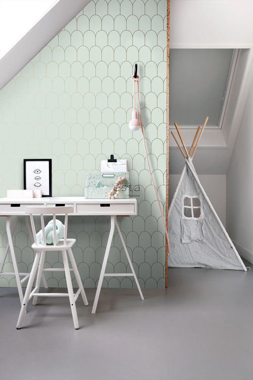 ESTAhome behang art deco motief mintgroen en goud - 53 cm x 10.05 m - 139202