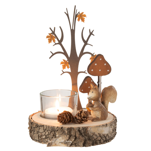 J-Line theelichthouder Eekhoorn/Boom - hout/metaal - naturel/oanje - vtwonen shop