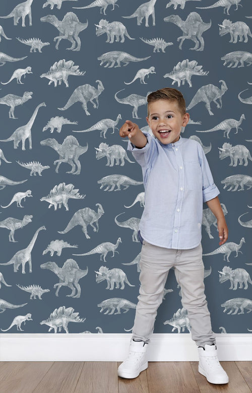 ESTAhome behang dinosaurussen vergrijsd blauw - 50 x 900 cm - 131805