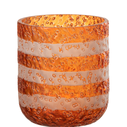 J-Line theelichthouder Strepen - glas - oranje/wit - small - 2 stuks