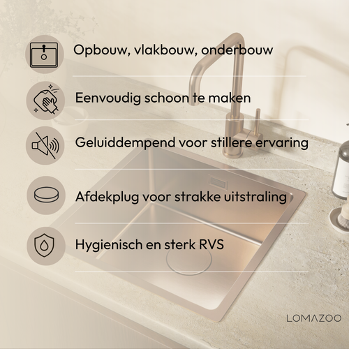LOMAZOO Spoelbak Keuken Magnex - 40 x 40 cm - Koper - RVS