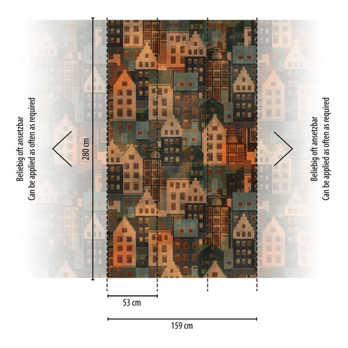 Livingwalls fotobehang gebouwen meerkleurig, blauw, oranje en groen - 159 x 280 cm - AS-391821