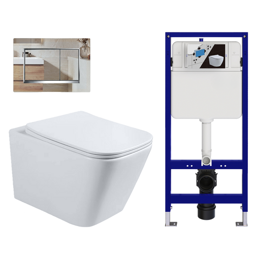 LOMAZOO hangtoiletset Linea - met inbouwreservoir & vierkante drukplaat - vierkant - chroom / wit