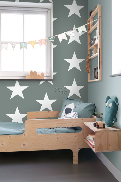 ESTAhome behang sterren vergrijsd groen - 53 cm x 10.05 m - 138950