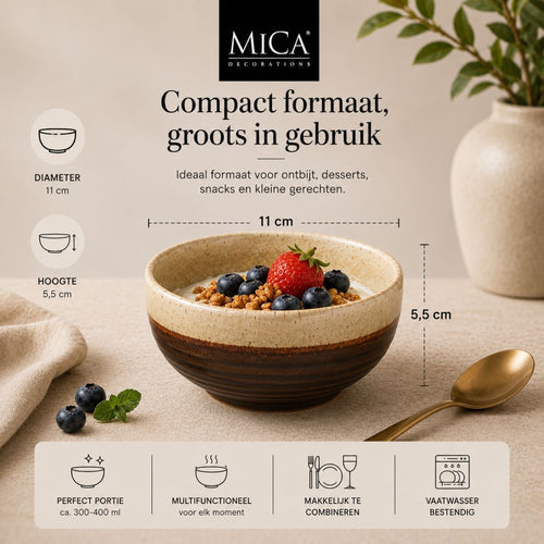 Mica Decorations Kommen Set 4 Stuks - Schaaltjes Set van Steengoed - Ontbijtkommen, Dessertkommen en Snackkommen - Ø11 x 5,5 cm - Aardetinten