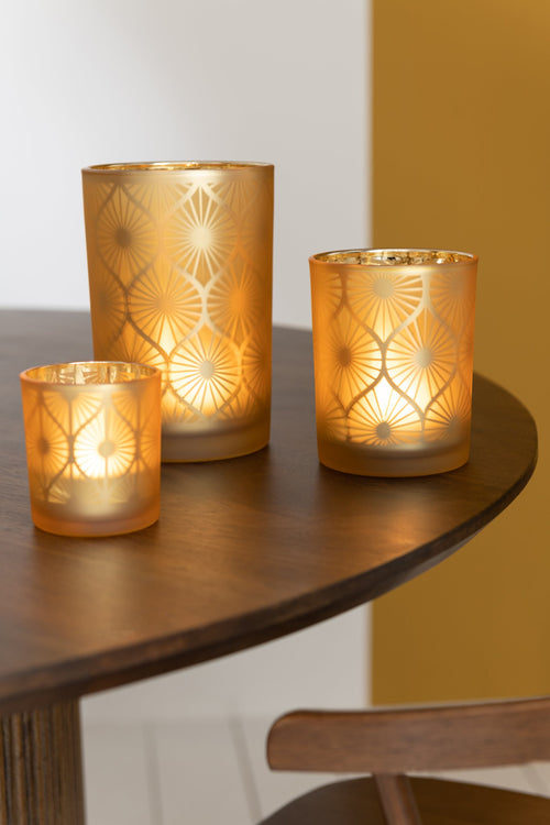 J-Line windlicht Ruit Bloemen - glas - geel - medium - 2 stuks