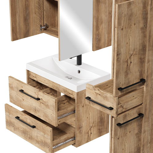 Badplaats Badkamermeubel Set Florence 60 cm – Kastanje Eiken – Hangend Badmeubel met Wastafel, Spiegelkast en Zijkast