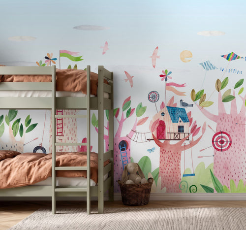 ESTAhome fotobehang boomhutfeest met dieren blauw en meerkleurig - 3.5 x 2.79 m - 159676