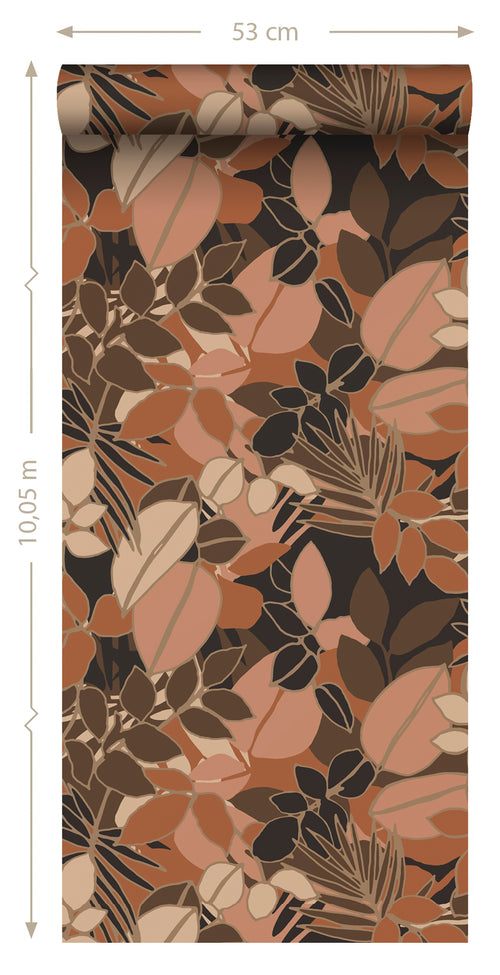 ESTAhome behang bladeren terracotta roze, bruin en zwart - 50 x 900 cm - 139850 - vtwonen shop