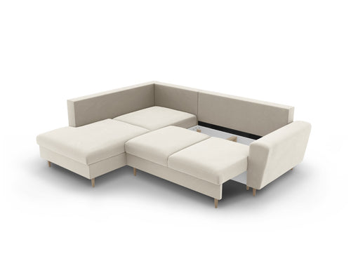 Cosmopolitan Design Uitklapbare hoekbank links met opbergdoos Kyoto 5-zits, flueel lichtbeige - 194x243x88cm