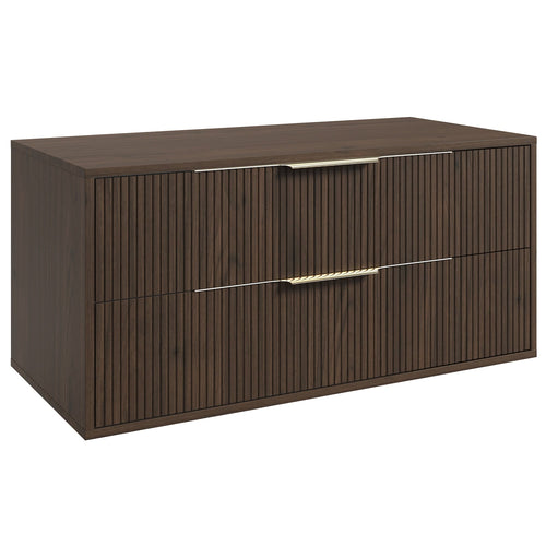 Badplaats Wastafelkast Rimini 100 cm – Walnoot Bruin – Hangend Badmeubel met 2 Lades en Gouden Handgrepen