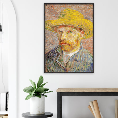 Artfulprints Poster met Lijst Vincent van Gogh - Zelfportret met strohoed   - 70x100 cm - Oranje