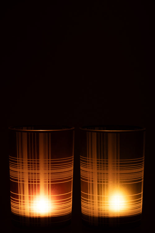 J-Line windlicht Geruit - glas - bruin/groen - large - 2 stuks