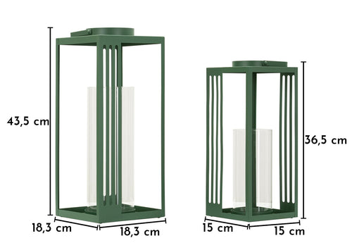 Set van 2 groene metalen lantaarns 18x18x43,5 - 15x15x36,5 cm