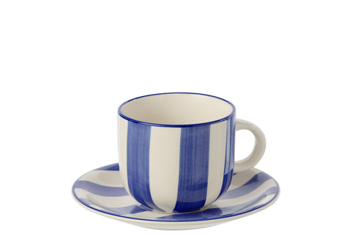 J-Line kopje + schoteltje Gestreept - keramiek - blauw/wit - 6 stuks