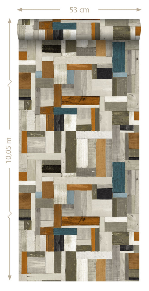 ESTAhome behang sloophout grijs, bruin en vergrijsd oud blauw - 53 cm x 10.05 m - 138515