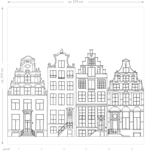 ESTAhome fotobehang getekende Amsterdamse grachtenhuisjes zwart en wit - 300 x 279 cm - 159103 - vtwonen shop