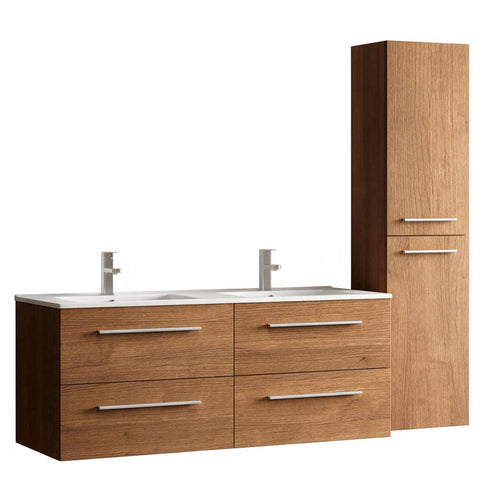 LOMAZOO badmeubelset Navero - met hoge kast & witte wastafel - warm eiken - 120 cm