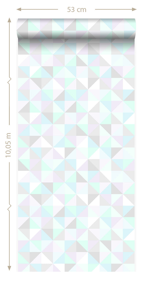 Origin Wallcoverings behang driehoekjes pastel paars, mintgroen, glanzend zilvergrijs en pastelblauw - 53 cm x 10.05 m - 337205 - vtwonen shop