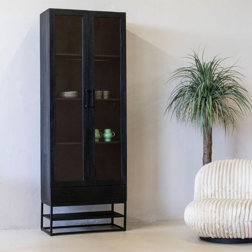 Giga Meubel Vitrinekast Myron - Mangohout - Zwart - 80x40x220cm - vtwonen shop