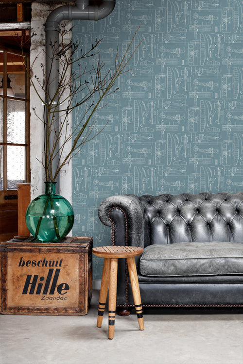ESTAhome behang constructietekeningen van vliegtuigen blauw 53 cm x 10.05 m 128809