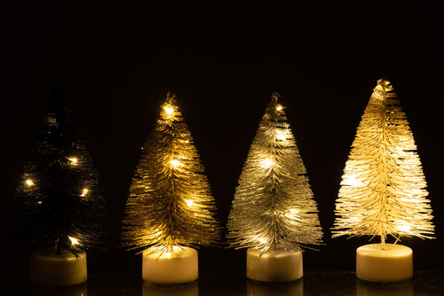 J-Line display Kerstboom -  kunststof - wit/zilver/goud/zwart - 12 stuks - LED lichtjes