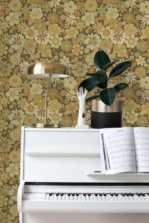 ESTAhome behang retro bloemen olijfgroen - 50 x 900 cm - 130967 - vtwonen shop