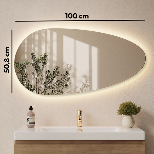 LOMAZOO badkamerspiegel Adana - organisch - met LED verlichting & spiegelverwarming - asymmetrisch - 100 x 50.8 cm