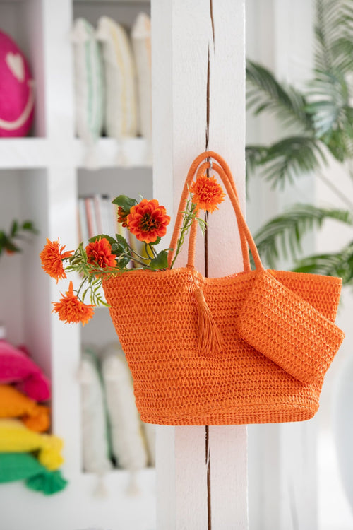 J-Line strandtas + tasje - papier - roze/oranje - 2 stuks