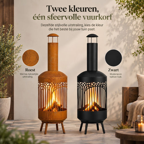 Mica Decorations Vuurkorf Roest - Vuurkorf met Opengewerkt Design van Stevig IJzer - Sfeervolle Tuinhaard met Hoge Schoorsteen voor Terras en Tuin -