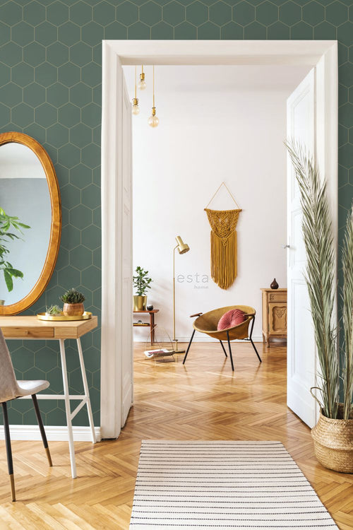 ESTAhome behang hexagon donkergroen en goud - 53 cm x 10.05 m - 139228