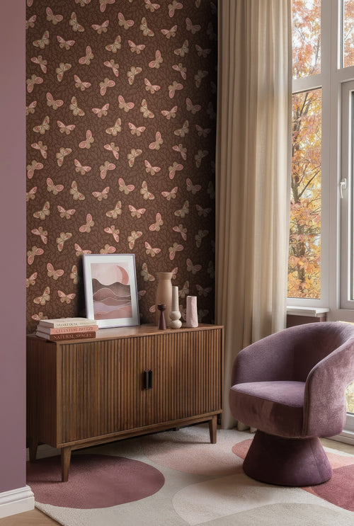ESTAhome behang vlinders donkerbruin en roze - 50 x 900 cm - 131888