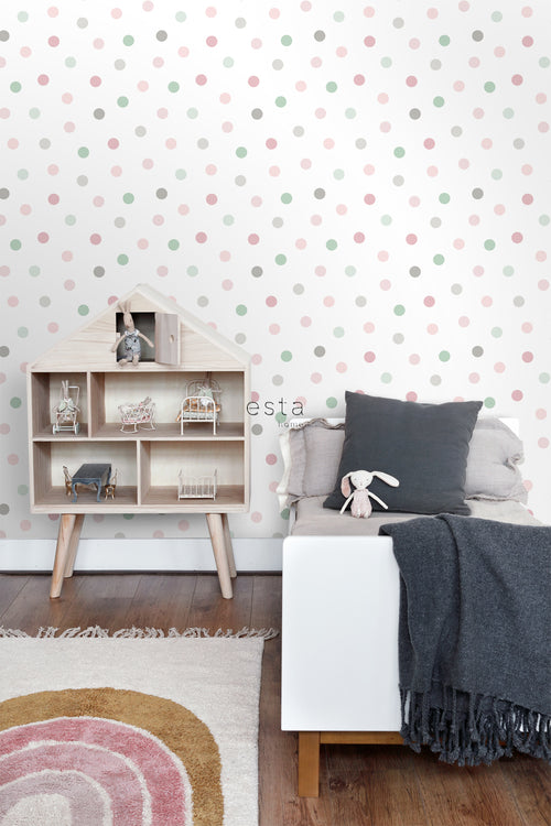 ESTAhome behang stippen roze, groen en grijs - 53 cm x 10.05 m - 139040