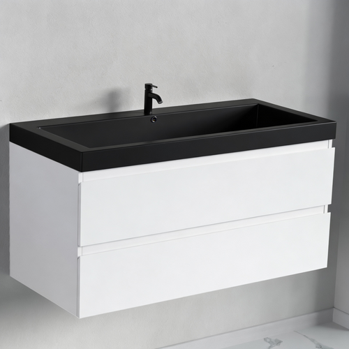 LOMAZOO badkamermeubel Monaco - zwevend met zwarte wastafel - glanzend wit - 100 cm