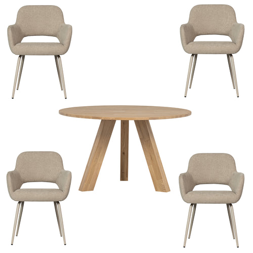 WOOOD eettafel Rhonda - Eiken - Naturel & eetkamerstoelen Jenny - Stof - Naturel - 75x129x129/80x58x58