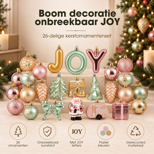 Mica Decorations Kerstboomornamenten JOY 26 stuks - Onbreekbare Kerstballen en Figuren - Set Kerstversiering in Roze, Champagne en Lichtgroen -