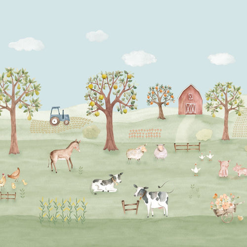 Sanders & Sanders fotobehang boerderij dieren groen en blauw - 318 x 275 cm - 640878
