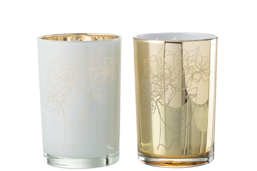 J-Line windlicht Dame Haar Bloemen - glas - wit/goud - large - 2 stuks