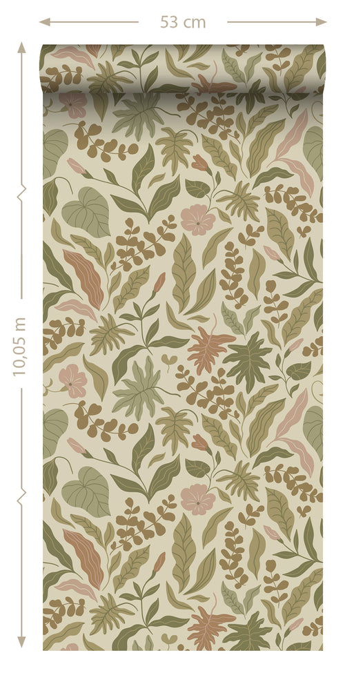 ESTAhome behang bladeren en bloemen olijfgroen, terracotta en roze - 50 x 900 cm - 131052 - vtwonen shop