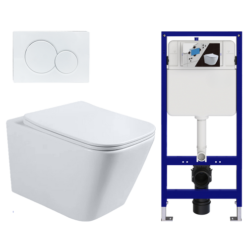 LOMAZOO hangtoiletset Linea - met inbouwreservoir & ronde drukplaat - vierkant - wit