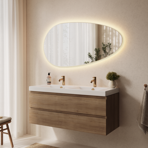 LOMAZOO badkamerspiegel Adana - organisch - met LED verlichting & spiegelverwarming - asymmetrisch - 120 x 61 cm