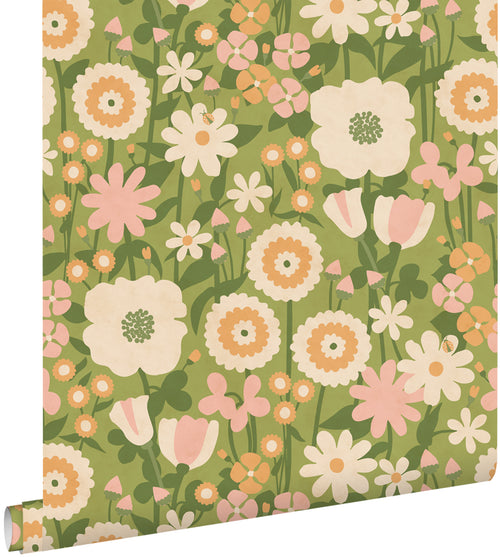 ESTAhome behang retro bloemen groen, roze en oranje - 50 x 900 cm - 132160