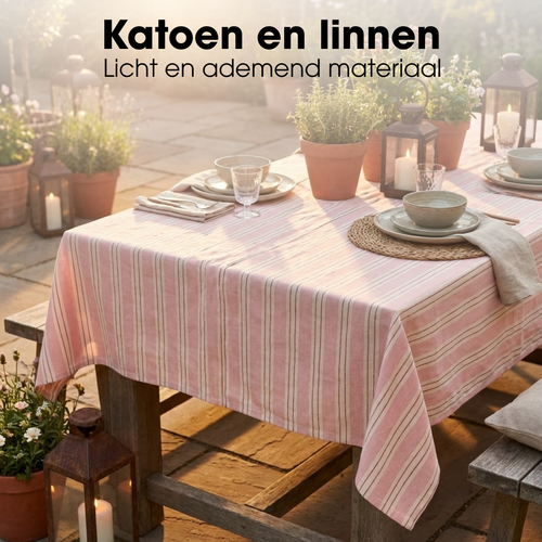 Mica Decorations Evie Gestreept Tafelkleed voor Eettafel - Tafellaken voor Binnen en Buiten 250 x 140 cm - Tafelzeil 100% Organisch Katoen - Roze
