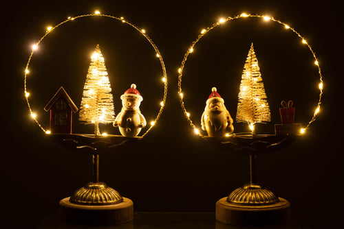 J-Line decoratie Cirkel Kestman/Sneeuwman - goud/roest - 2 stuks - LED lichtjes