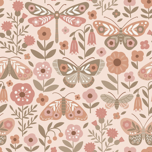 ESTAhome behang bloemen & vlinders beige, groen en oudroze - 50 x 900 cm - 131886